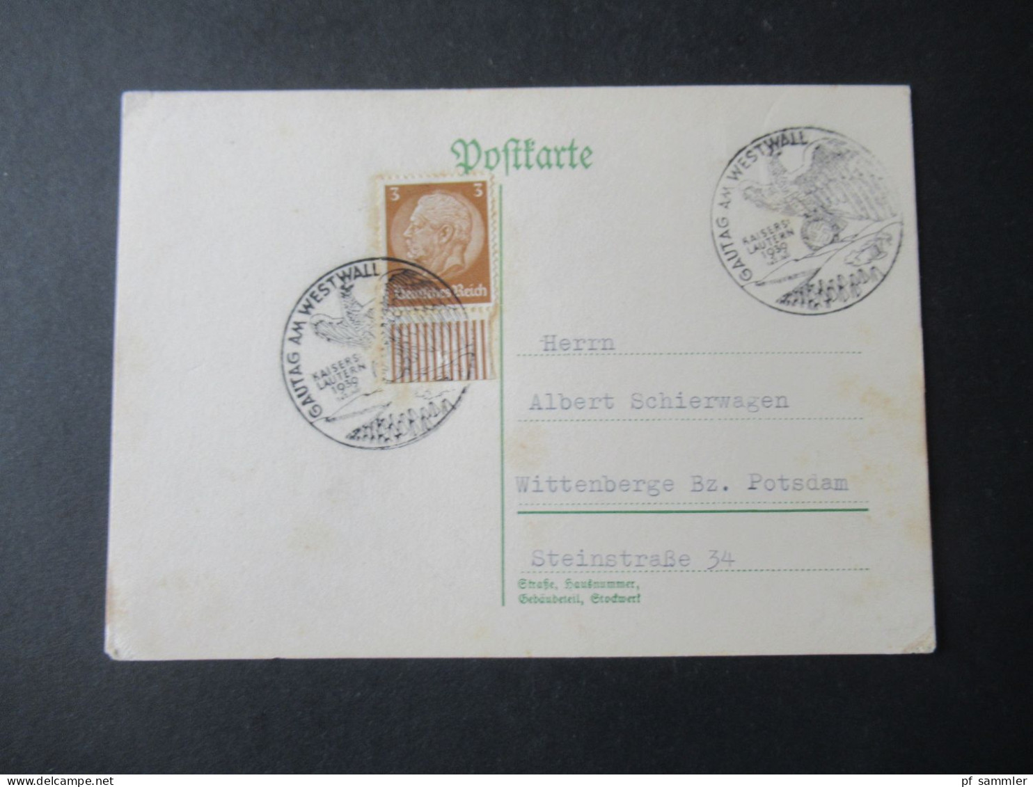 3.Reich 1939 Sonderstempel Gautag Am Westwall Kaiserslautern 1939 / Propagandastempel / Reichsadler Mit Hakenkreu - Cartes Postales