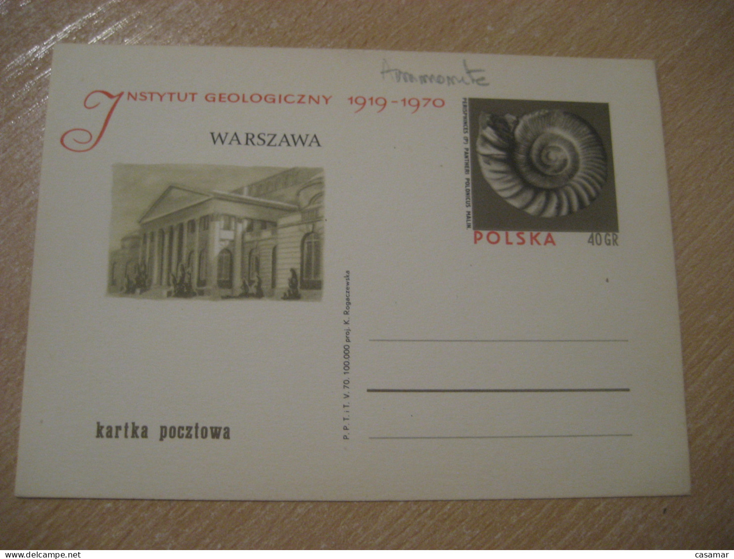WARSZAWA 1970 Ammonite Postal Stationery Card POLAND Fossil Fossils Animals Fossiles Geology - Fossili