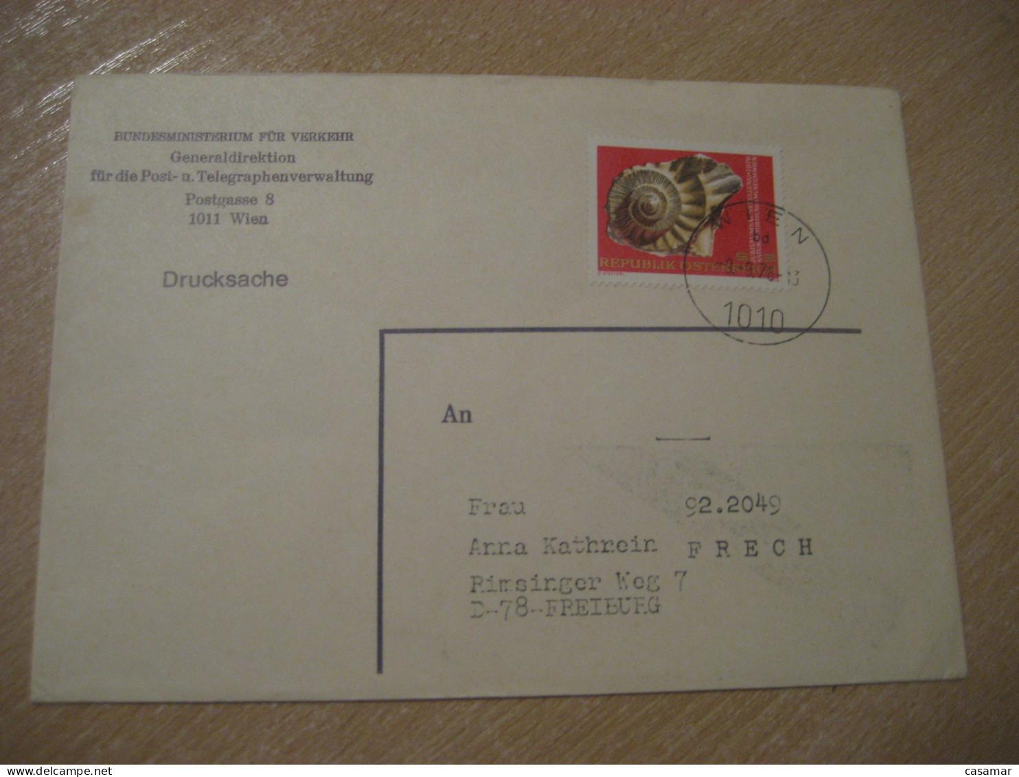 WIEN 1976 Freiburg Ammonite Mollusc Natural History Museum Cancel Cover AUSTRIA Fossil Fossils Animals Fossiles Geology - Fossils