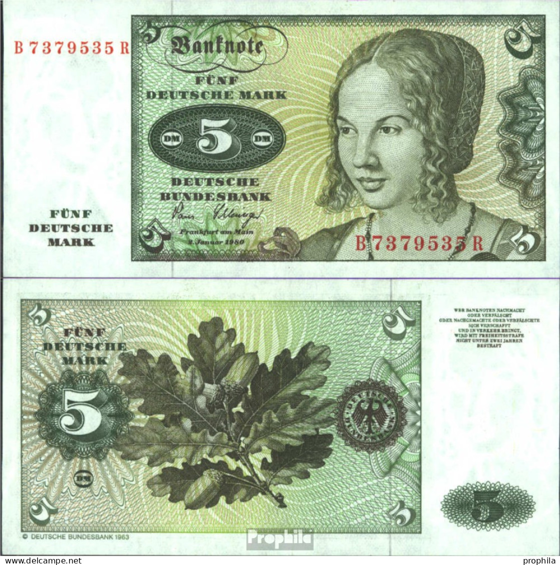 BRD (BR.Deutschland) Rosenbg: 285a, Serien: B/ Q-Z Gebraucht (III) 1980 5 Deutsche Mark - 5 Deutsche Mark