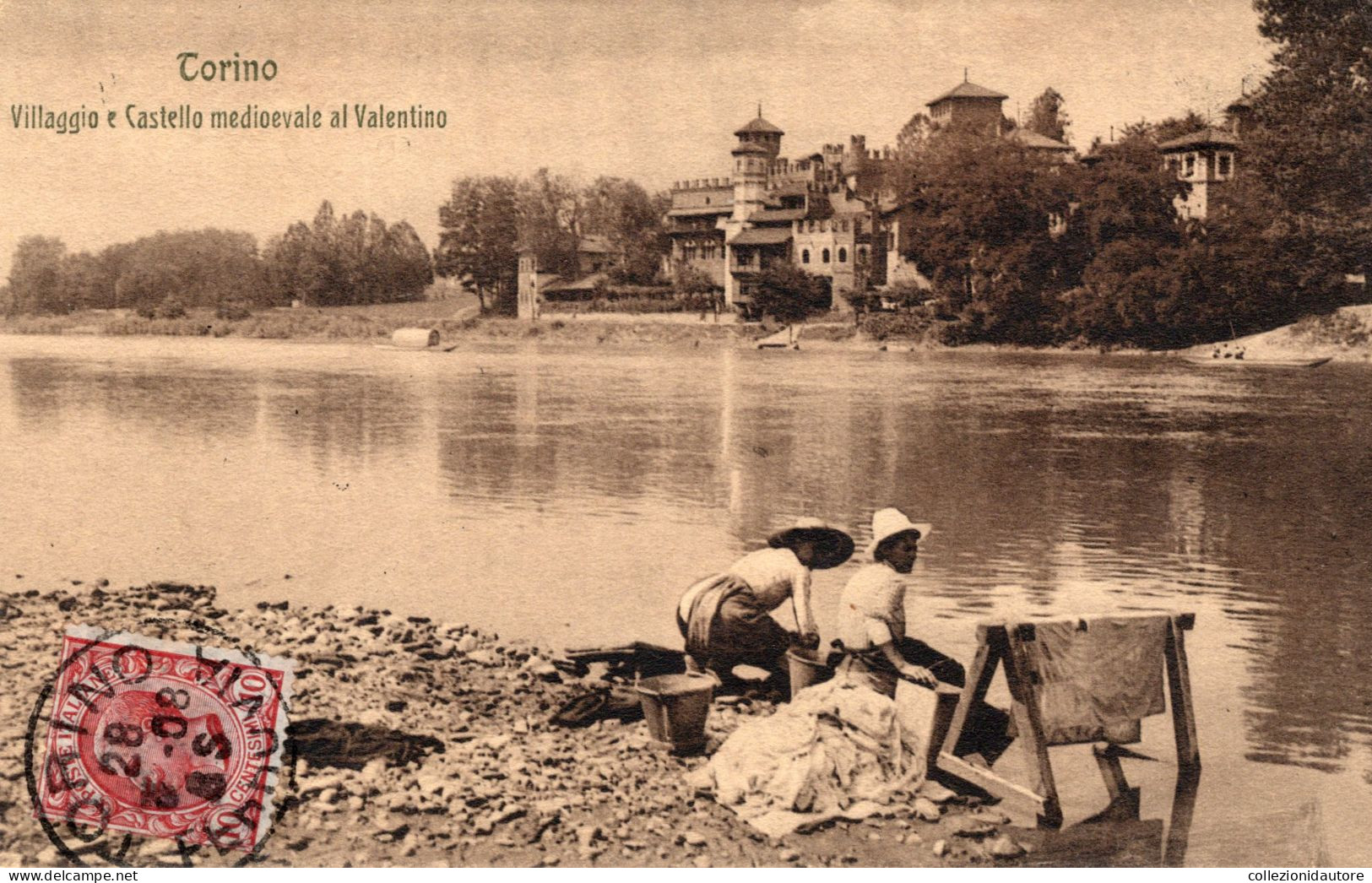 TORINO - VILLAGGIO E CASTELLO MEDIOEVALE AL VALENTINO - LE LAVANDAIE - CARTOLINA FP SPEDITA NEL 1908 - Castello Del Valentino