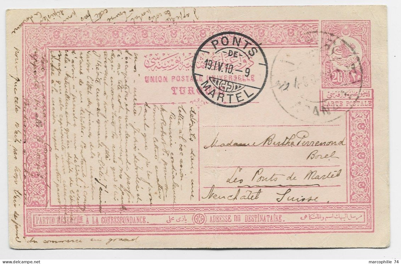 TURKEY TURQUIE ENTIER UPU CARD  PLI CENTRAL 20 PARAS ADAMAS 1910 TO SUISSE - 1837-1914 Smyrna