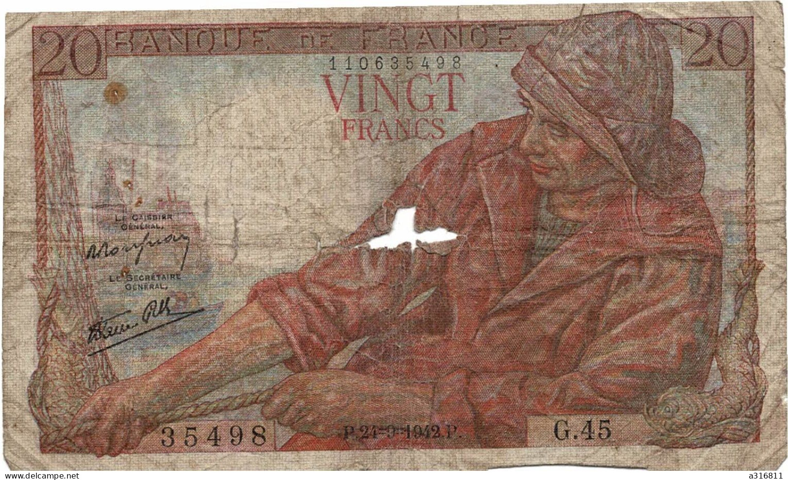 Billet 20 Francs 1942 - 20 F 1939-1942 ''Science Et Travail''