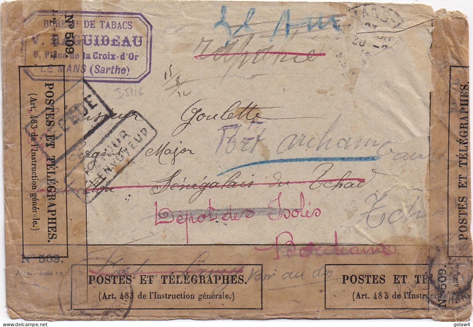 35116# LETTRE DECEDE RETOUR ENVOYEUR Obl LE MANS SARTHE 1912 FORT LAMY ARCHAMBAULT TCHAD CONGO BANGUI OUBANGUI CHARI - Lettres & Documents