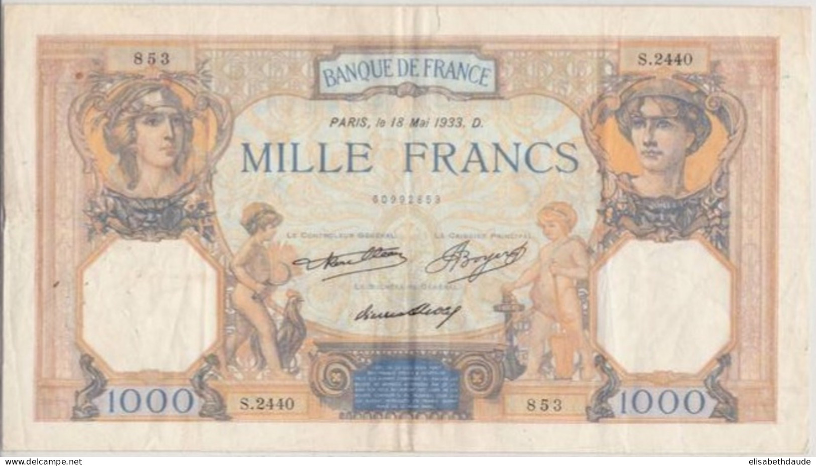 CERES ET MERCURE TYPE 1927  - BILLET DE 1000 FRANCS De 1933 - COUPURE De 8mm - NOMBREUX PLIS ET EPINGLAGES MAIS FRAIS - 1 000 F 1927-1940 ''Cérès Et Mercure''