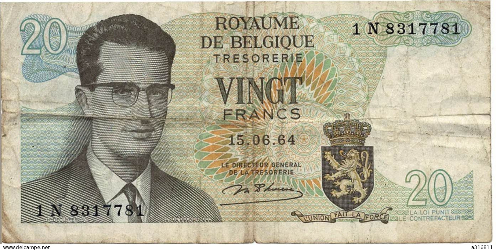 Billet Royaume De Belgique Vingt Francs 20 Francs Usagé 1964 - Sonstige & Ohne Zuordnung