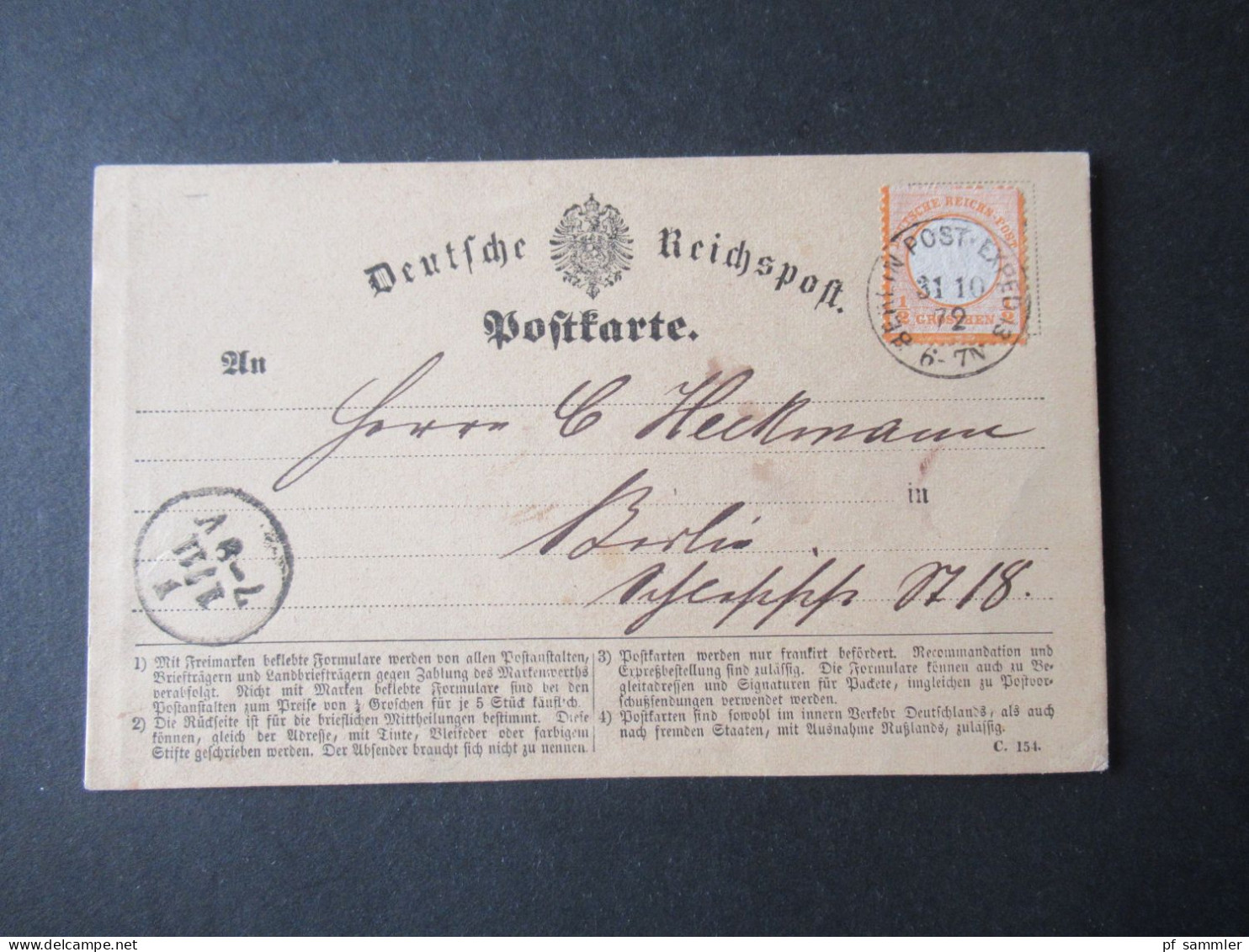 DR 1872 Brustschild Nr.18 Als EF Auf Orts PK Berlin Mit Klarem Stempel K1 Berlin Post Exped 13 31.10.72 Mit Ank. Stempel - Briefe U. Dokumente