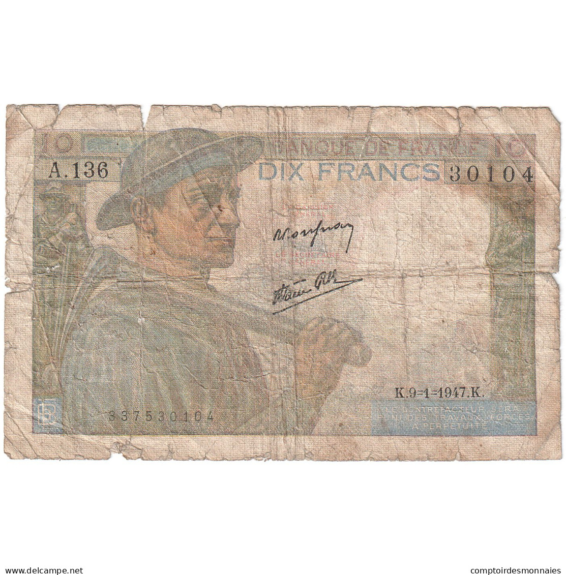 France, 10 Francs, 1947, A.136, B, Fayette:8.17, KM:99e - 10 F 1941-1949 ''Mineur''
