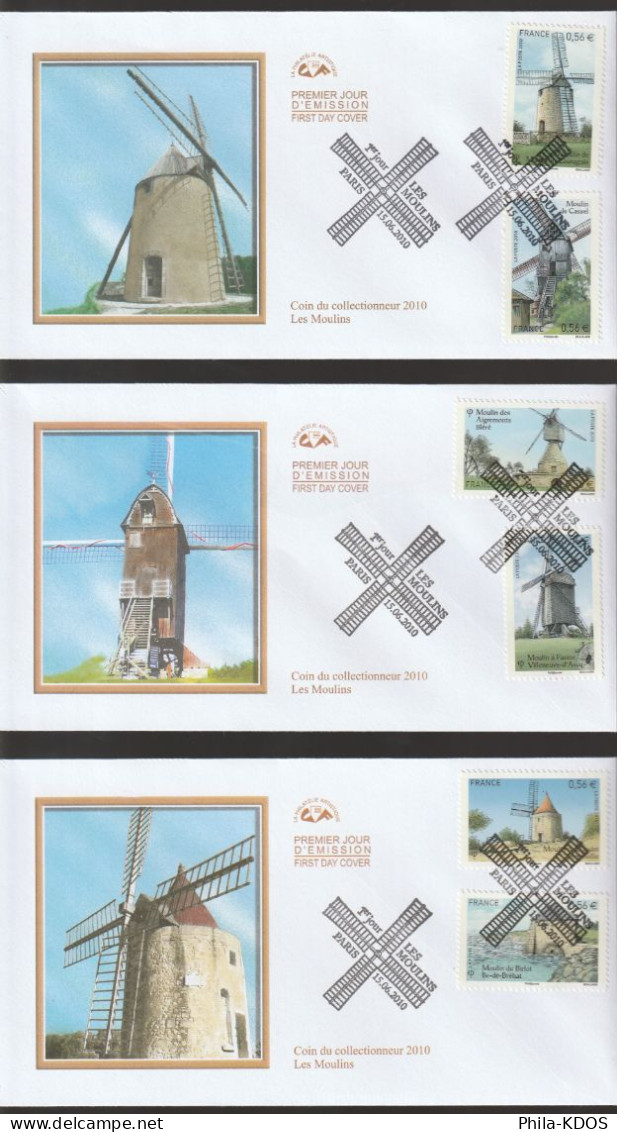 2010 " LES MOULINS " Sur 3 Enveloppes 1er Jour De France. N° YT 4485 à 4490. Parfait état. FDC à Saisir !!! - Windmills