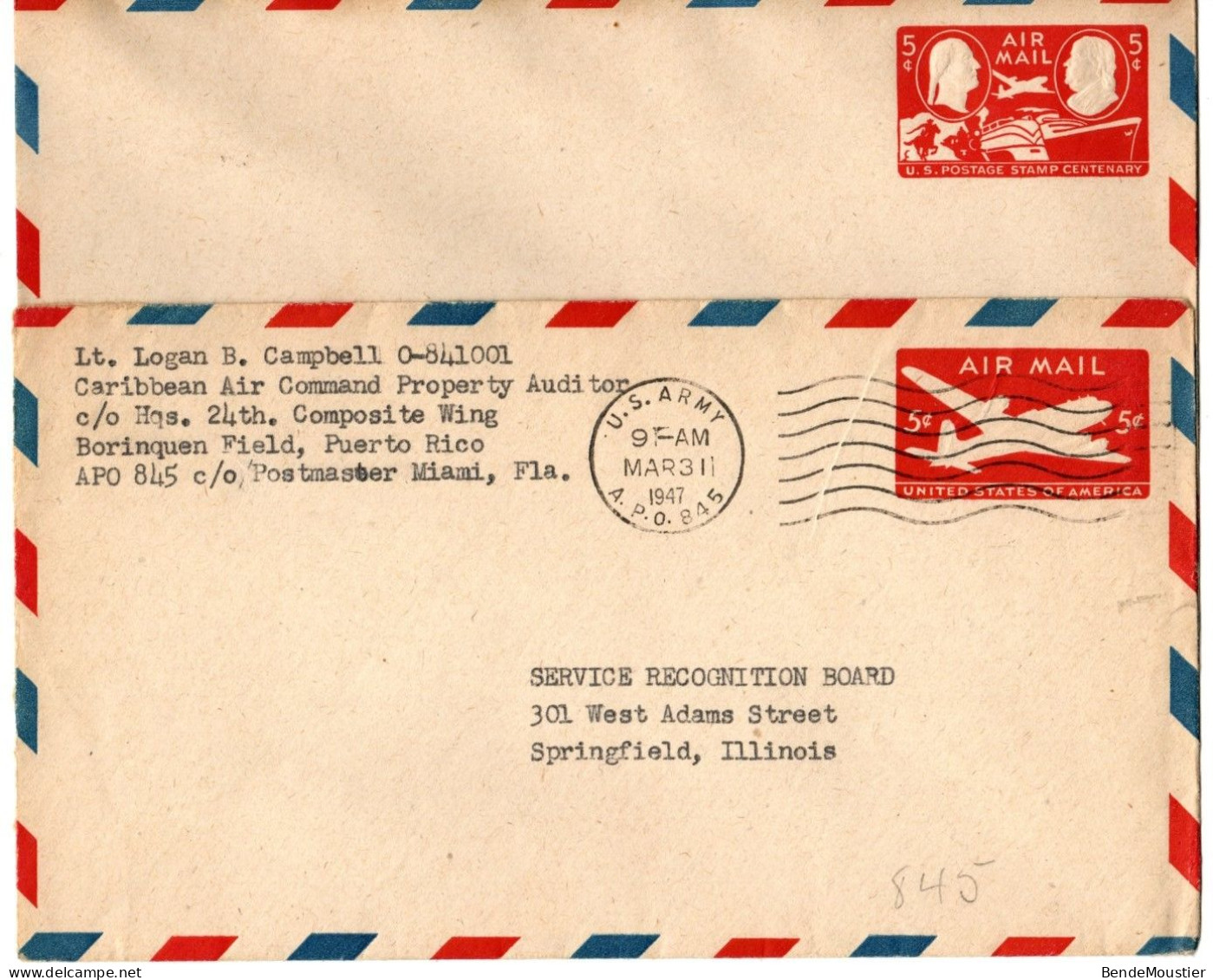 (N143) USA SCOTT # UC 14 + UC 17 - Air Mail - US Army A.P.O. 845 - Springfield (Illinois) 1947 - 2c. 1941-1960 Covers