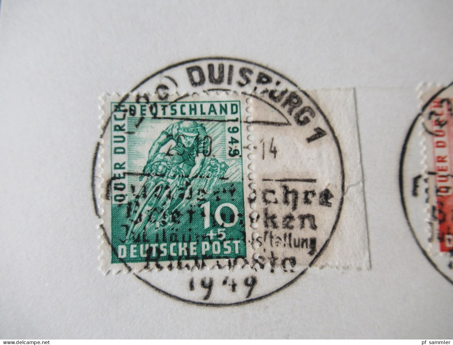 Bizone Radrennen "Quer Durch Deutschland" Mi.Nr.106 / 107 Randstück Rechts Briefstück Mit SSt Duisburg 1 Ruhrposta 1949 - Usados