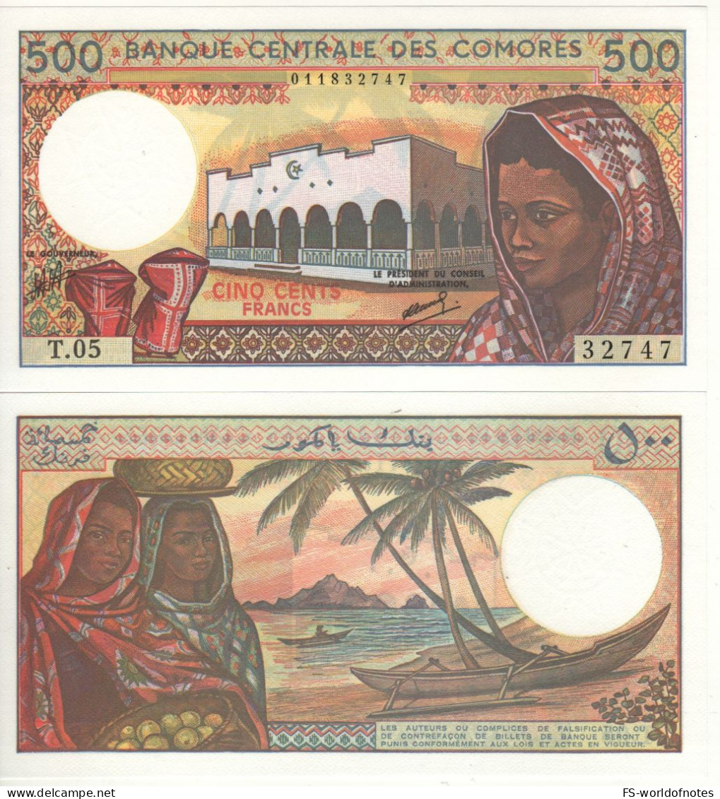 COMOROS   500 Francs  P10b  ( ND (1984-2004 )  "Women Carrying Fruit, Boat Palm Trees"    UNC - Comores