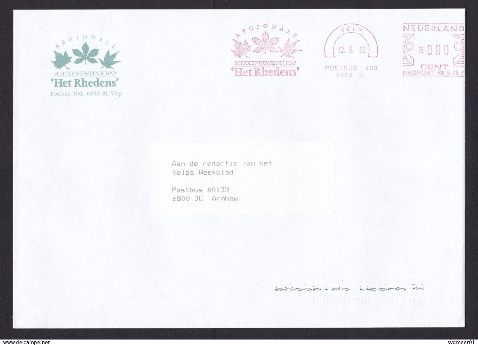 Netherlands: Cover, 2000, Meter Cancel, School Het Rhedens, Tree Leaf Logo, Velp, Education (traces Of Use) - Covers & Documents