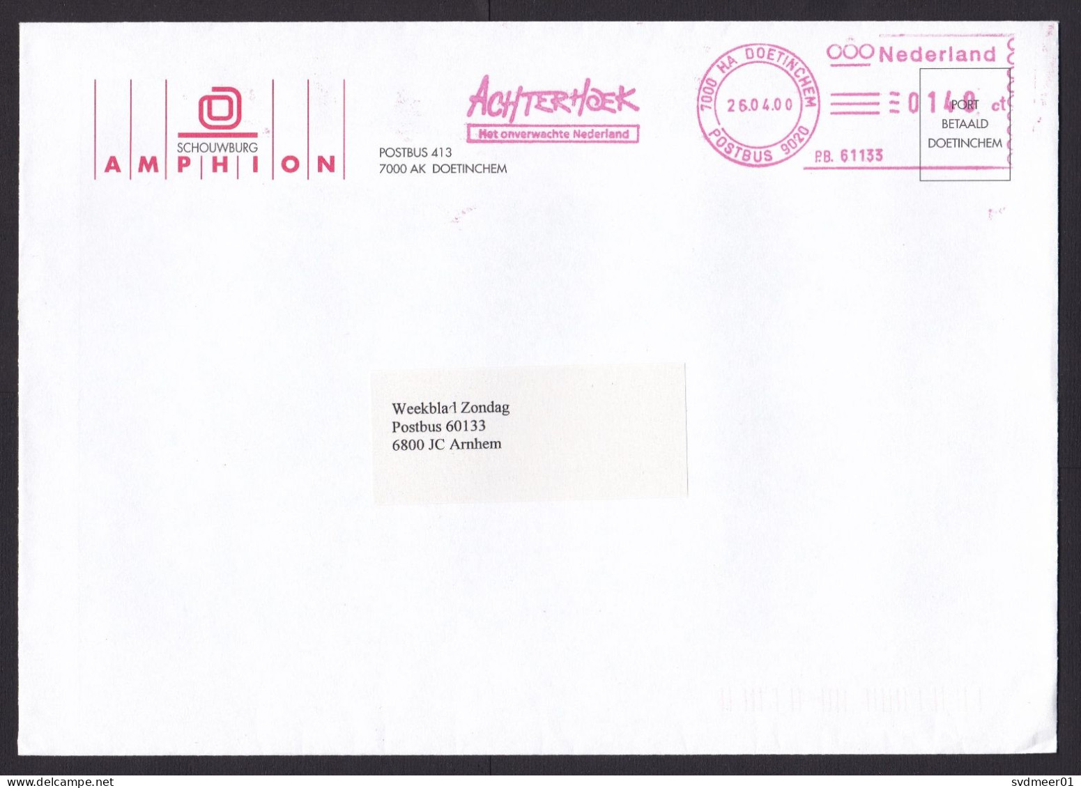 Netherlands: Cover, 2000, Meter Cancel, Tourism Slogan Achterhoek, Amphion Theatre Doetinchem (traces Of Use) - Cartas & Documentos