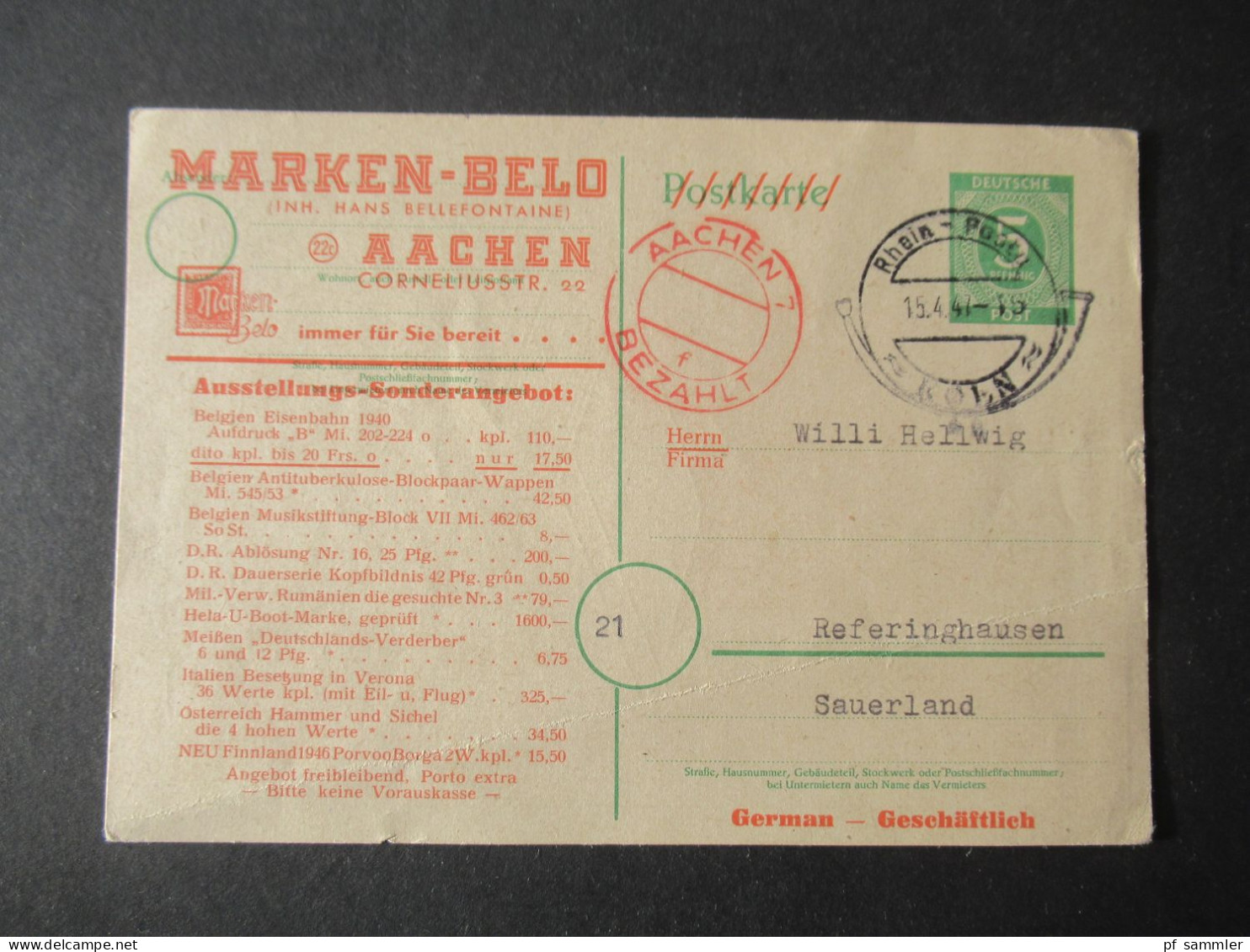 Kontrollrat Ganzsache / Werbe PK Marken Belo Aachen Mit Rotem Stempel Aachen 7 Bezahlt Und Rhein Posta Köln - Storia Postale