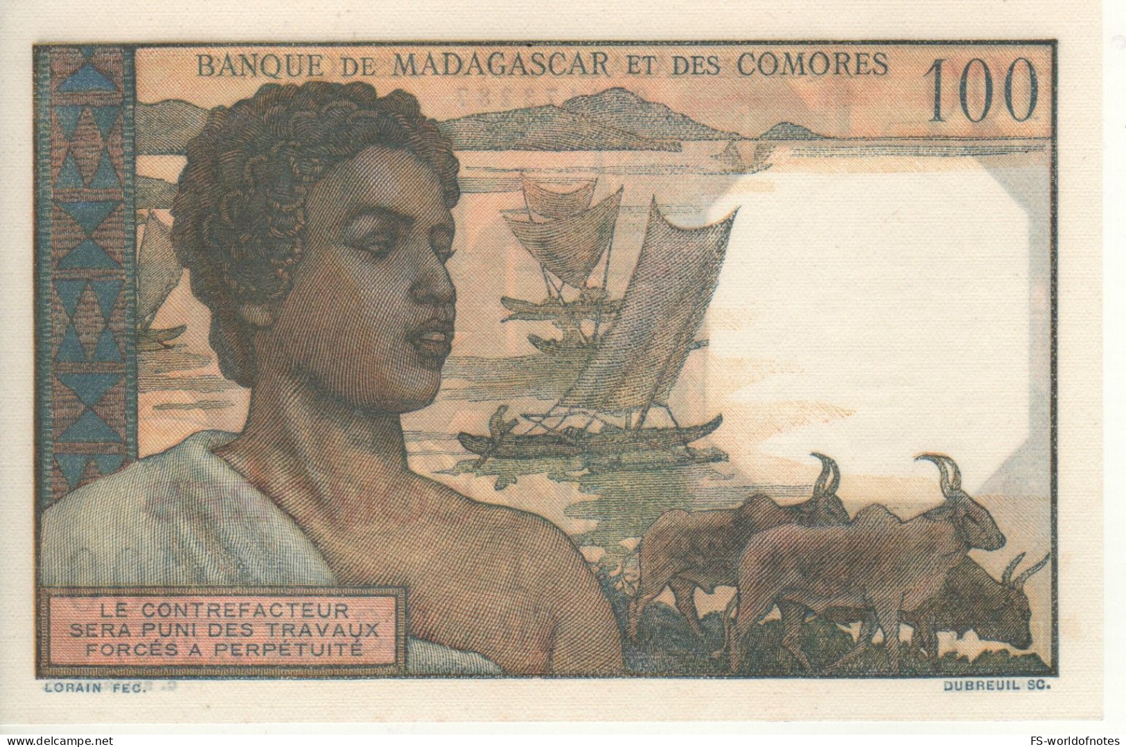 COMOROS   100 Francs  P3b  ( ND  1960-63 ) " Queen's Palace +  Cowns & Sail Boats At Back "    UNC - Comore