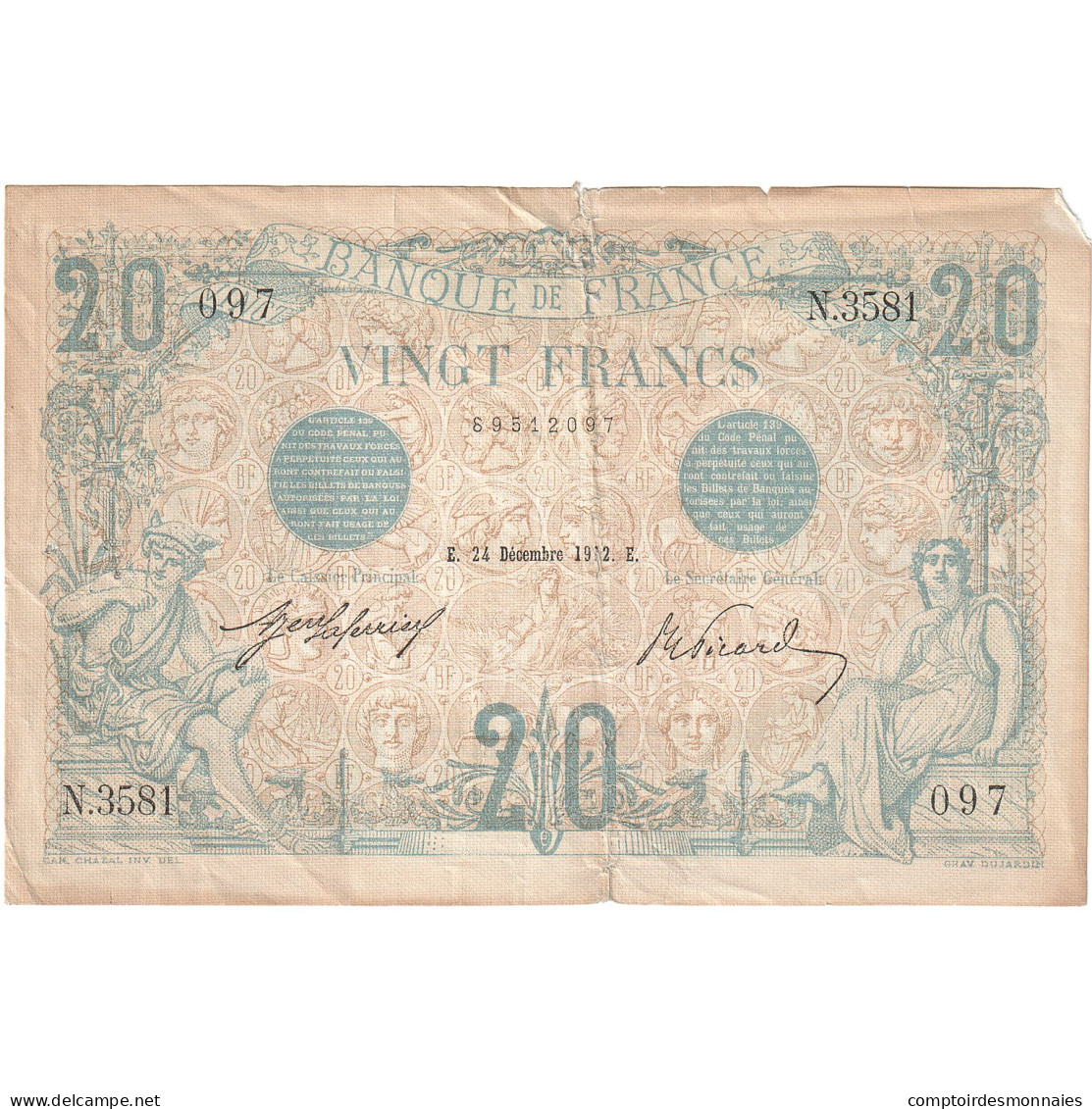 France, 20 Francs, Bleu, 1912, N.3581, TB+, Fayette:10.02, KM:68b - 20 F 1905-1913 ''Bleu''