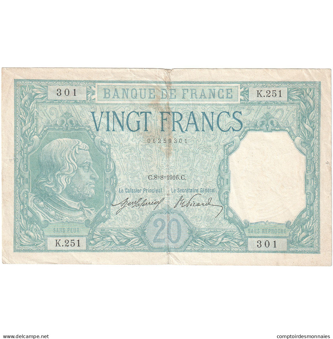 France, 20 Francs, Bayard, 1916, K.251, TB+, Fayette:11.1, KM:74 - 20 F 1916-1919 ''Bayard''