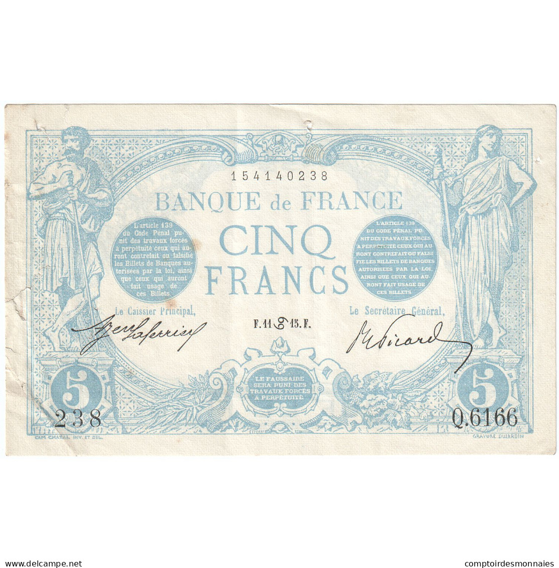 France, 5 Francs, Bleu, 1915, Q.6166, TTB, Fayette:2.28, KM:70 - 5 F 1912-1917 ''Bleu''