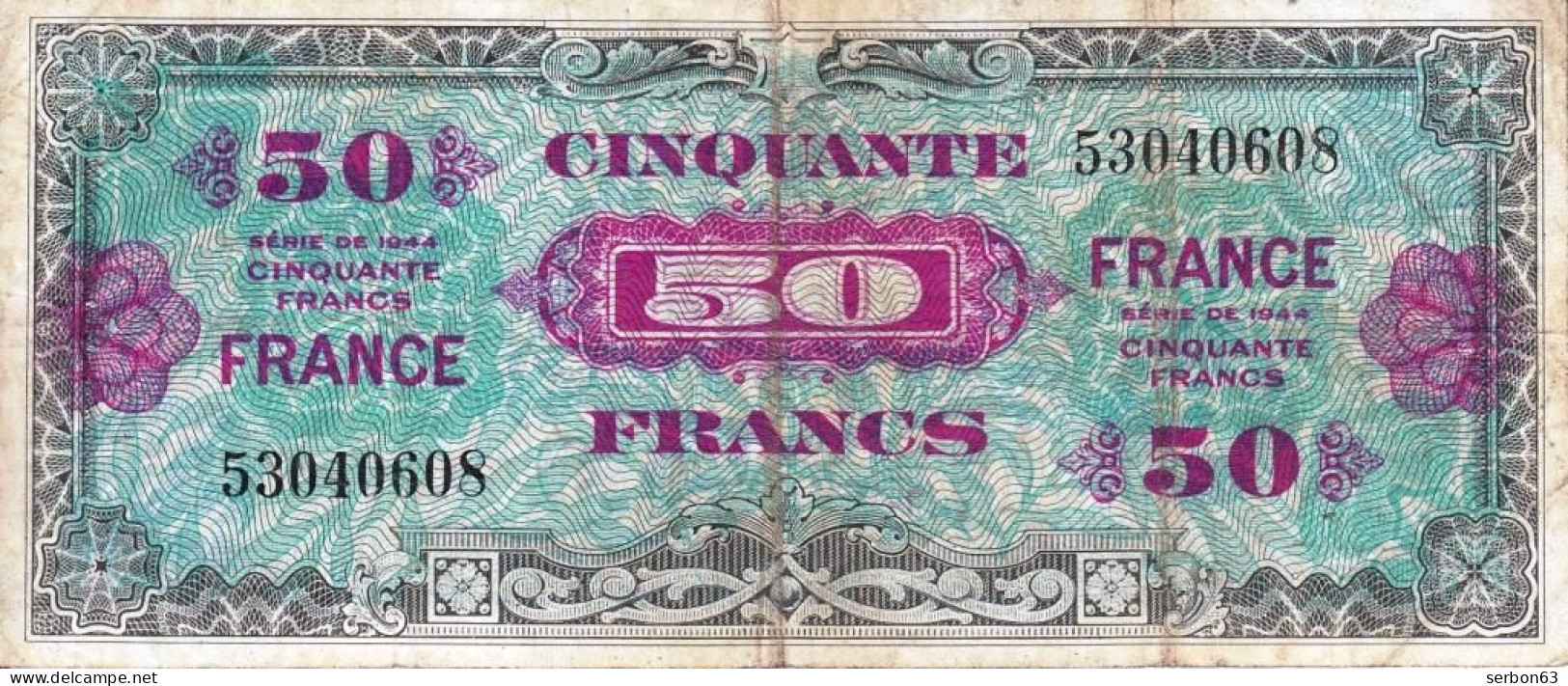 50 FRANCS VERSO FRANCE TYPE 1945 N° 53040608 SANS N° DE SÉRIE BILLET DU TRÉSOR VENDU EN L'ETAT IMPRESSION AMÉRICAINE - 1945 Verso Francés