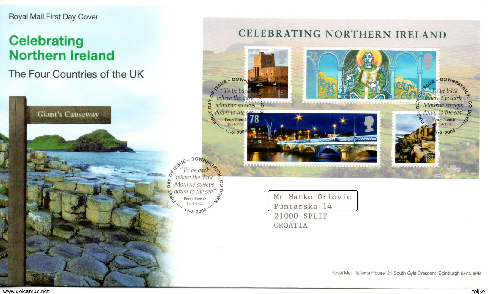 UK, GB, Great Britain, FDC, 2008,  Celebrating Northern Ireland - Brieven En Documenten