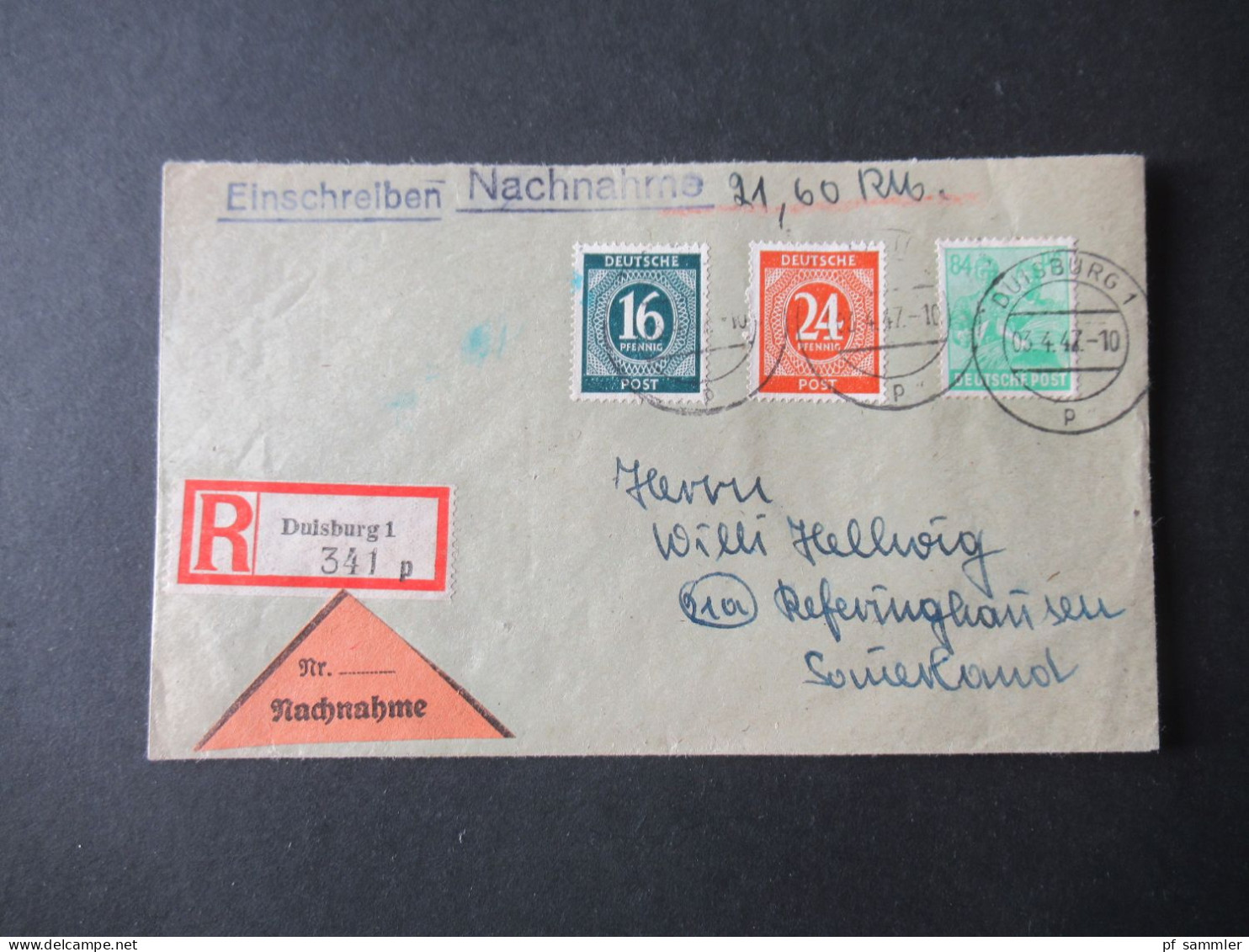 Kontrollrat 03.4.1947 Einschreiben Nachnahme Duisburg 1 Nach Referinghausen Sauerland - Brieven En Documenten