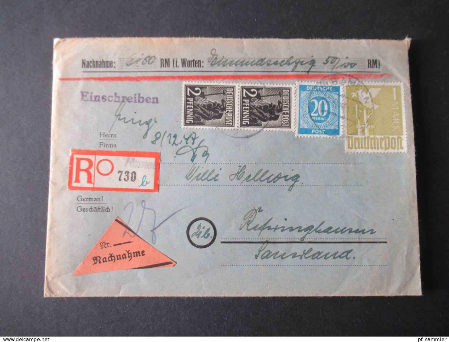 Kontrollrat 1947 Mi.Nr.959 MiF Einschreiben Nachnahme Not R-Zettel Hameln Nach Referinghausen Sauerland - Brieven En Documenten
