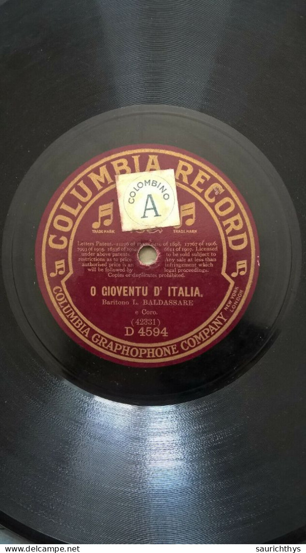 Disco 78 Giri Patriottico Columbia Record - O Gioventù D'Italia / Trieste - Baritono Baldassarre - Formats Spéciaux