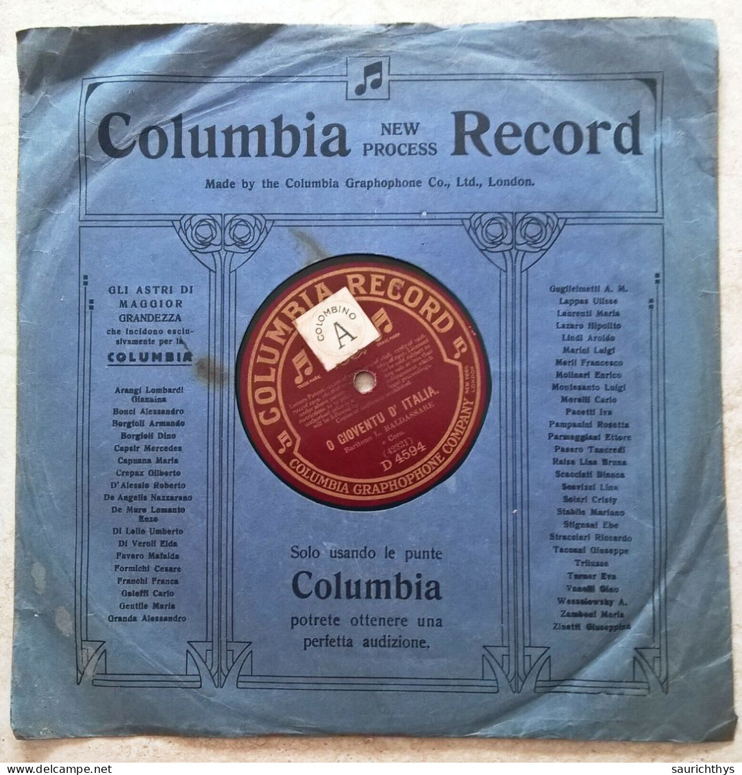 Disco 78 Giri Patriottico Columbia Record - O Gioventù D'Italia / Trieste - Baritono Baldassarre - Speciale Formaten