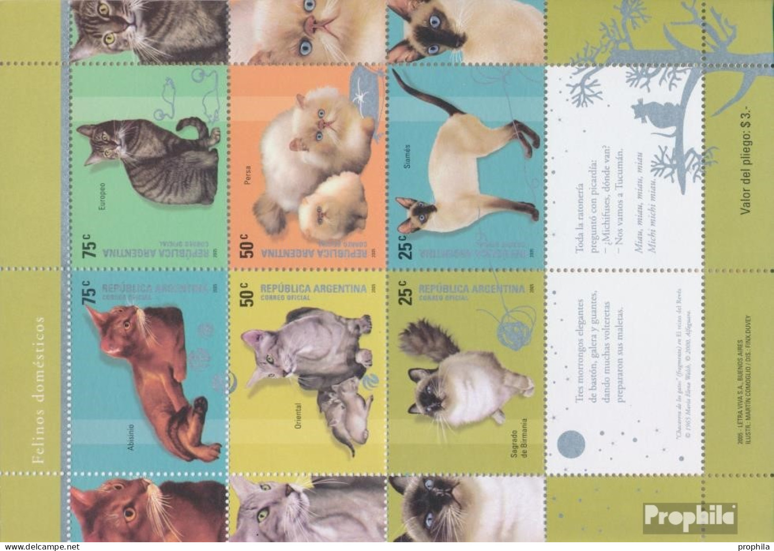 Argentinien 2976-2981 Kleinbogen (kompl.Ausg.) Postfrisch 2005 Hauskatzen - Unused Stamps