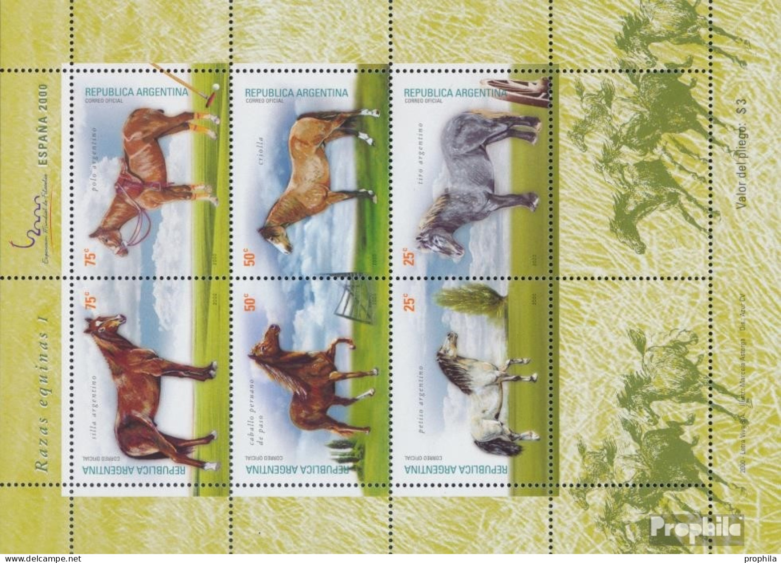 Argentinien 2607-2612 Kleinbogen (kompl.Ausg.) Postfrisch 2000 Pferderassen - Nuevos