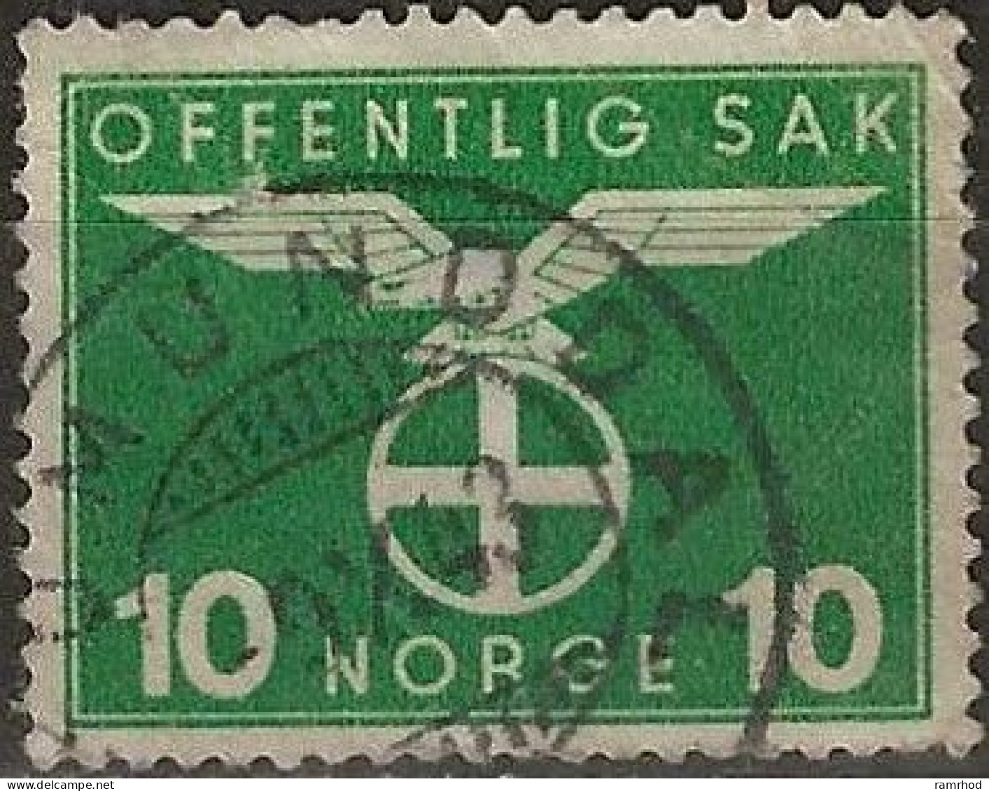 NORWAY 1942 Official - Quisling Emblem - 10ore - Green FU - Officials