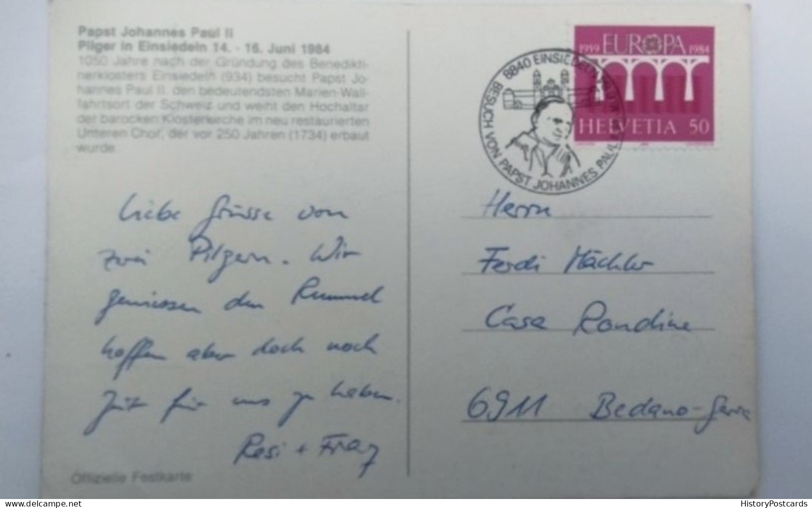 Einsiedeln, SZ, Besuch Papst Johannes Paul, 1984, Sondermarke+Stempel - Einsiedeln