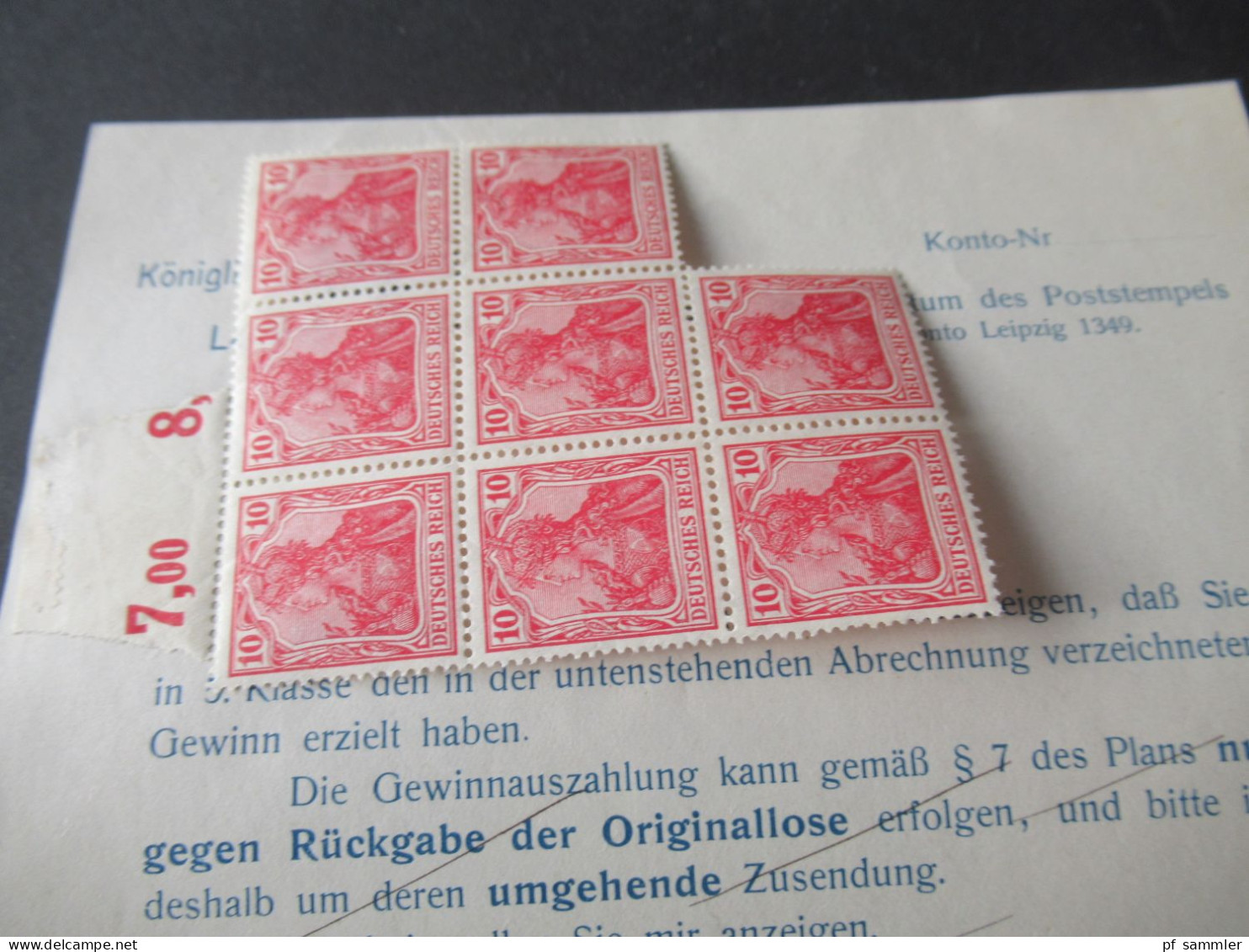 Deutsches Reich Germania Friedensdruck Mi.Nr.86 I Im Postfrischen 8er Block Mit OR (dort Bfestigt!) Auf Lotto-Rechnung - Ungebraucht