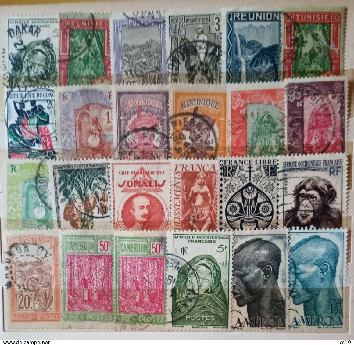 FRANCE Old Colonies 15 scans lot mainly Used Including ADV Tabs, on-piece, Blocks, France Libre Provisionals in 450pcs