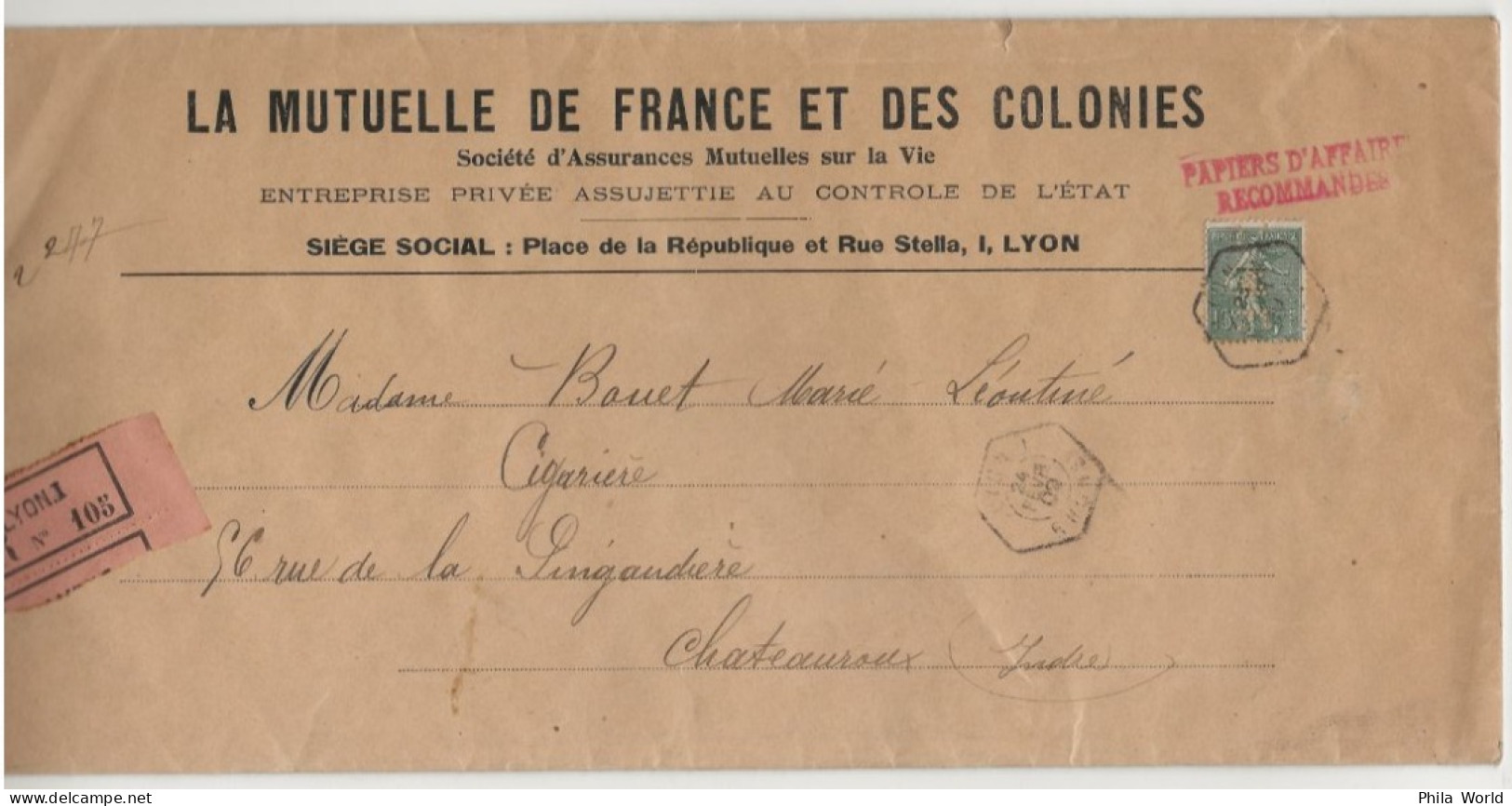 FRANCE 1909 15c Semeuse PERFORE M.F.C. Décalé S/ Env Au Tarif PAPIERS D' AFFAIRES En Recommandé MUTUELLE FRANCE COLONIES - Lettres & Documents