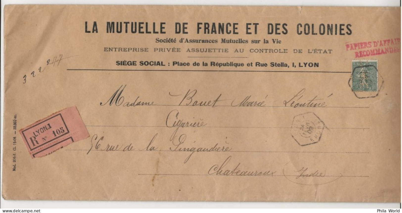 FRANCE 1909 15c Semeuse PERFORE M.F.C. Décalé S/ Env Au Tarif PAPIERS D' AFFAIRES En Recommandé MUTUELLE FRANCE COLONIES - Lettres & Documents