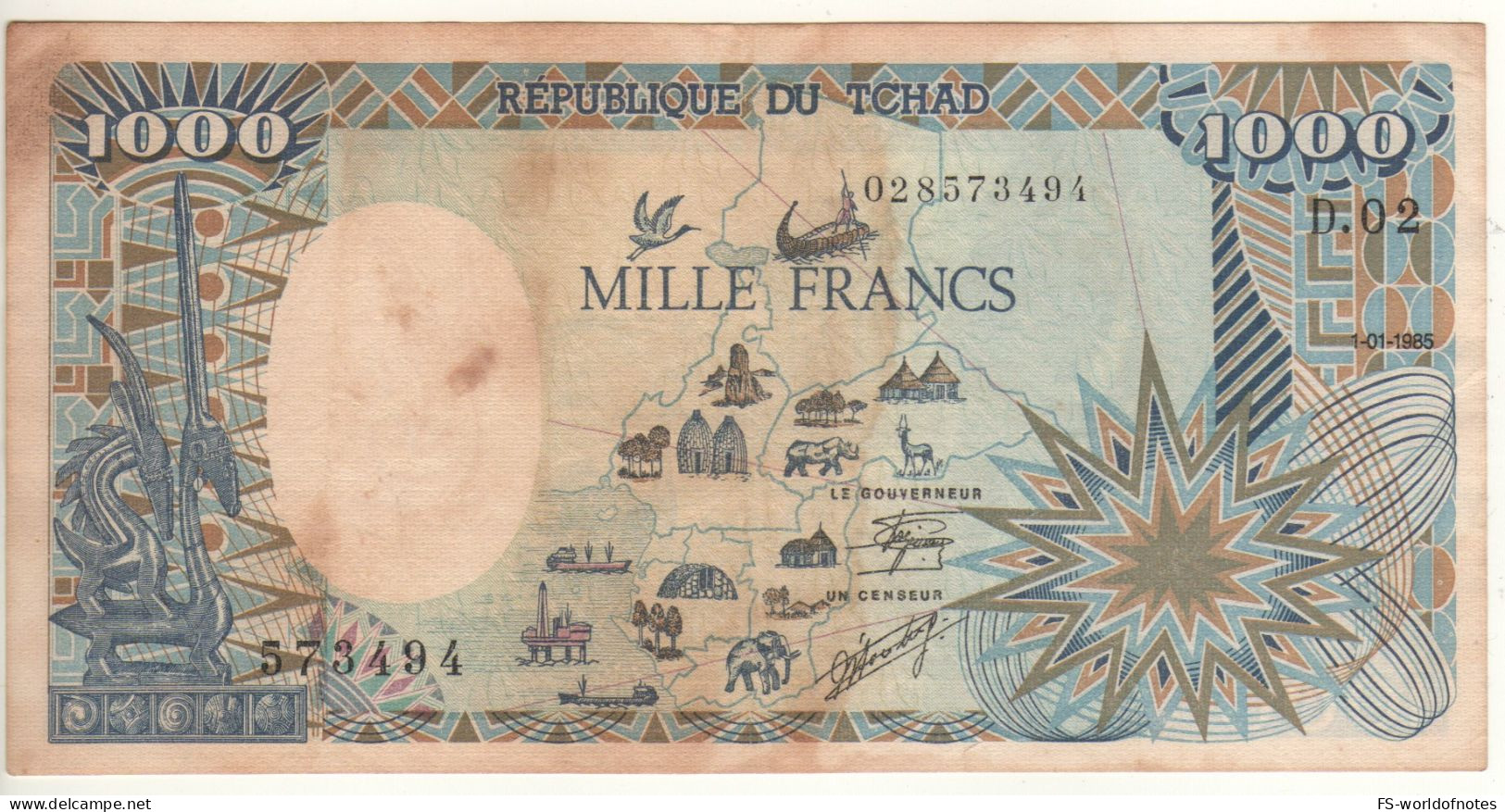 CHAD  1'000 Francs ,  P10Aa    Dated 1.01.1985    Map At Front + Elephant, Wildlife, At Back ) - Tchad