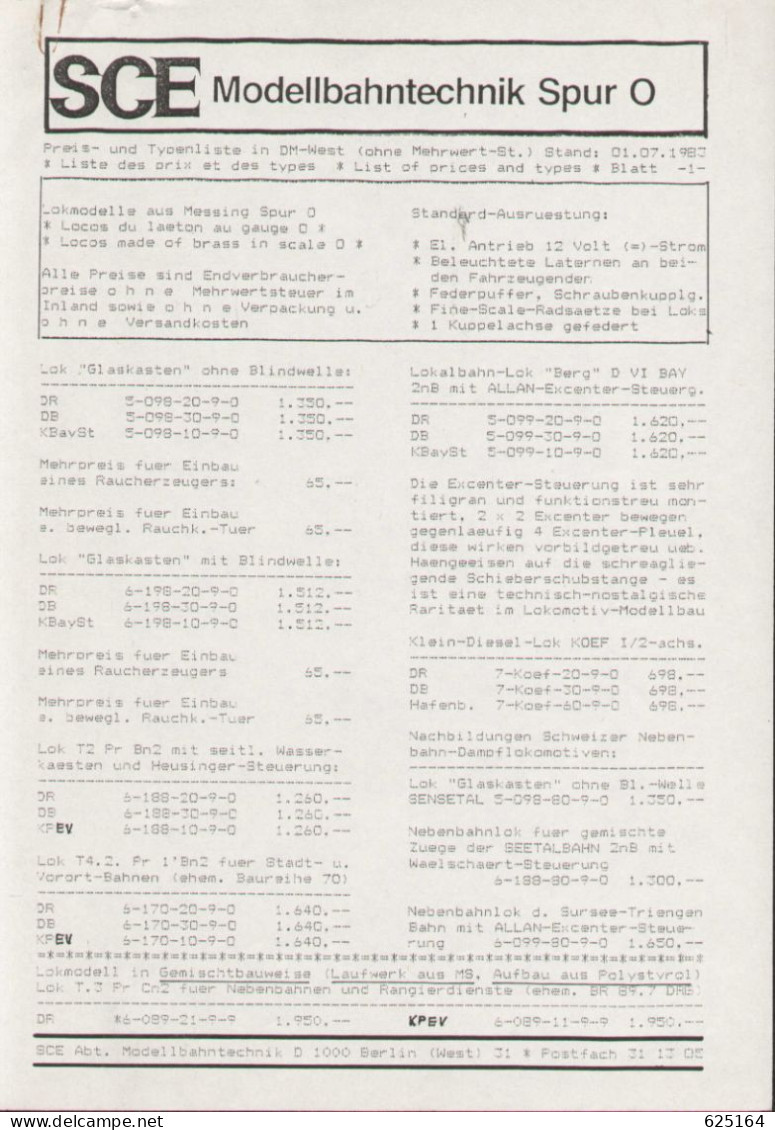 Catalogue SCE Modellbahntechnik 1983 Spur O ONLY PREIS DM-WEST DDR - Duits