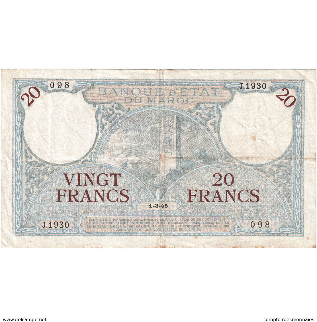 Maroc, 20 Francs, 1928-1929, 1945-03-01, KM:18b, TTB - Morocco