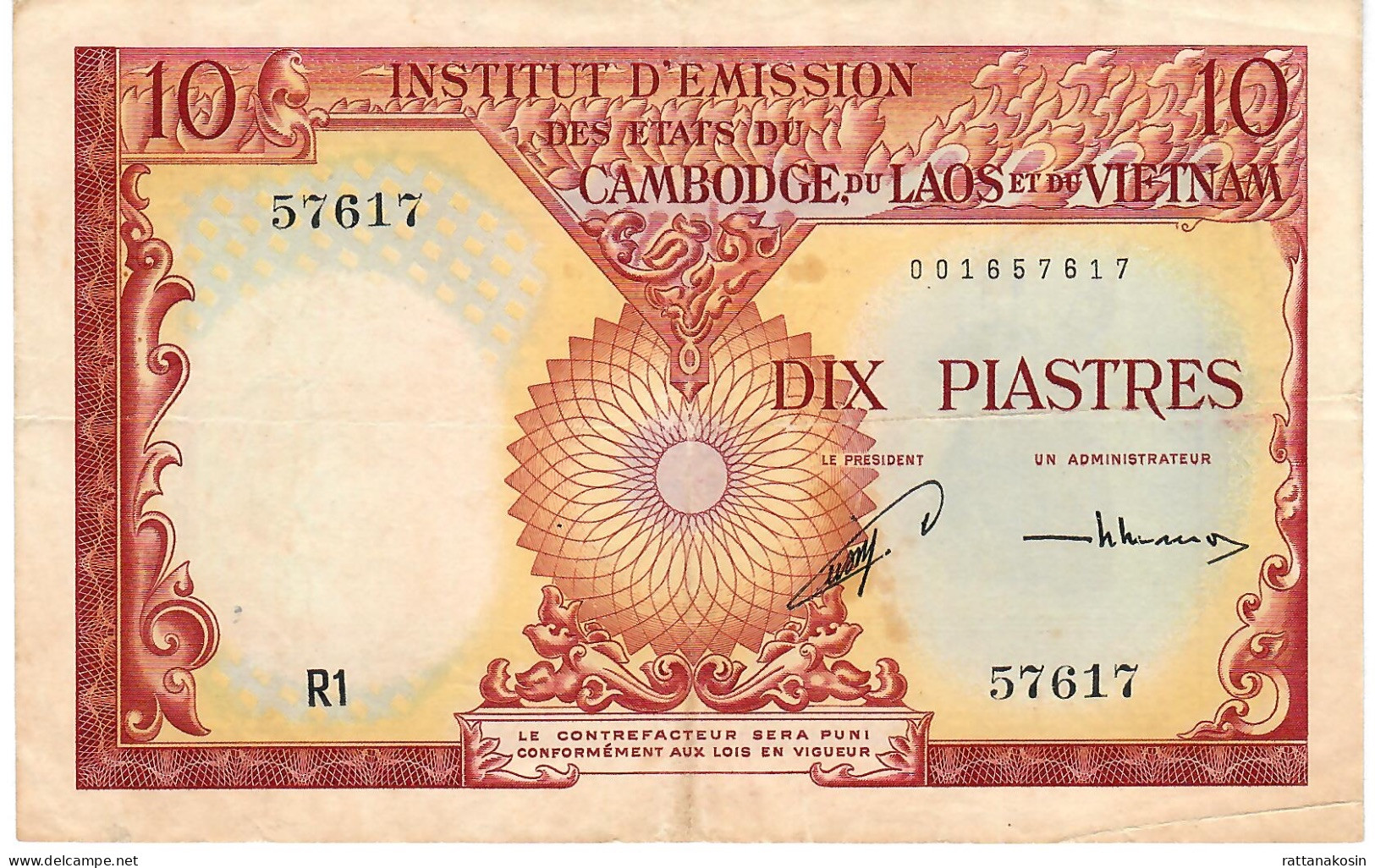 FRENCH INDOCHINA P96 10 PIASTRES 1953     VF NO P.h. - Indochine