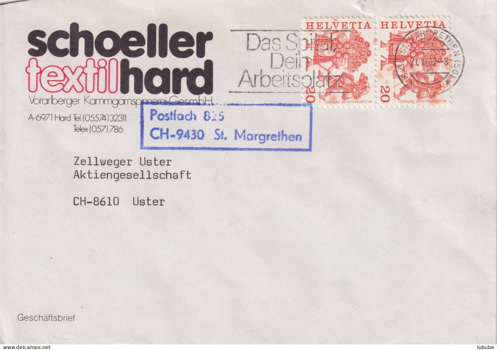 Forwarded  "Schoeller Texilhard, Vorarlb. Kammgarnspinnerei, Hard A"  St.Margrethen    1982 - Storia Postale