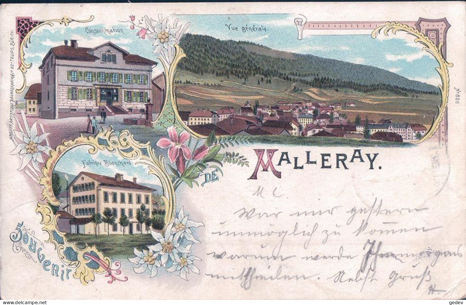 Souvenir De Malleray BE, Fabrique Blanchard, Magasin Consommation, Litho 3 Vues Et Fleurs (3.2.1899) - Malleray