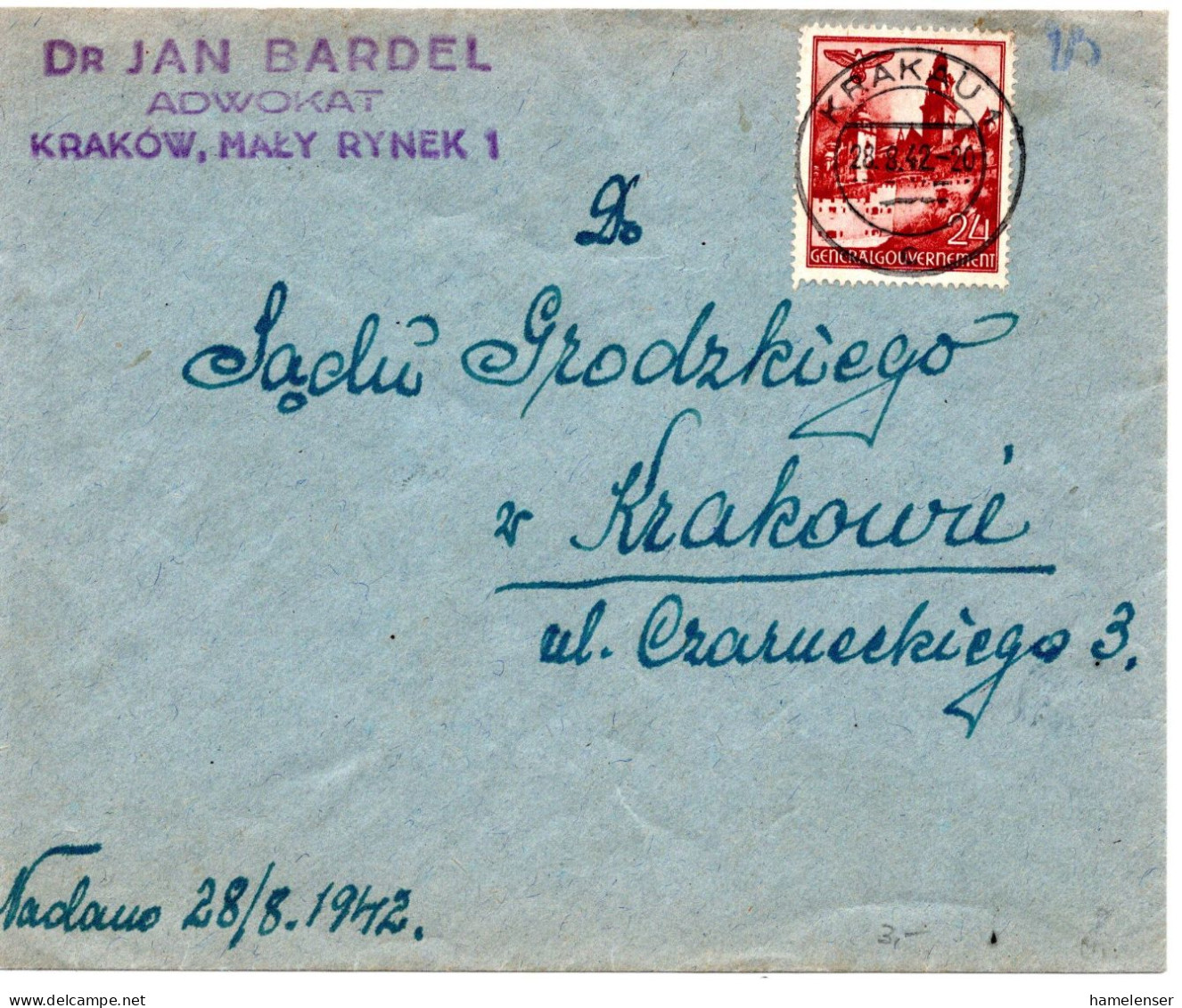 61153 - Deutsches Reich / Generalgouvernement - 1942 - 24g Bauwerke EF A OrtsBf KRAKAU - General Government