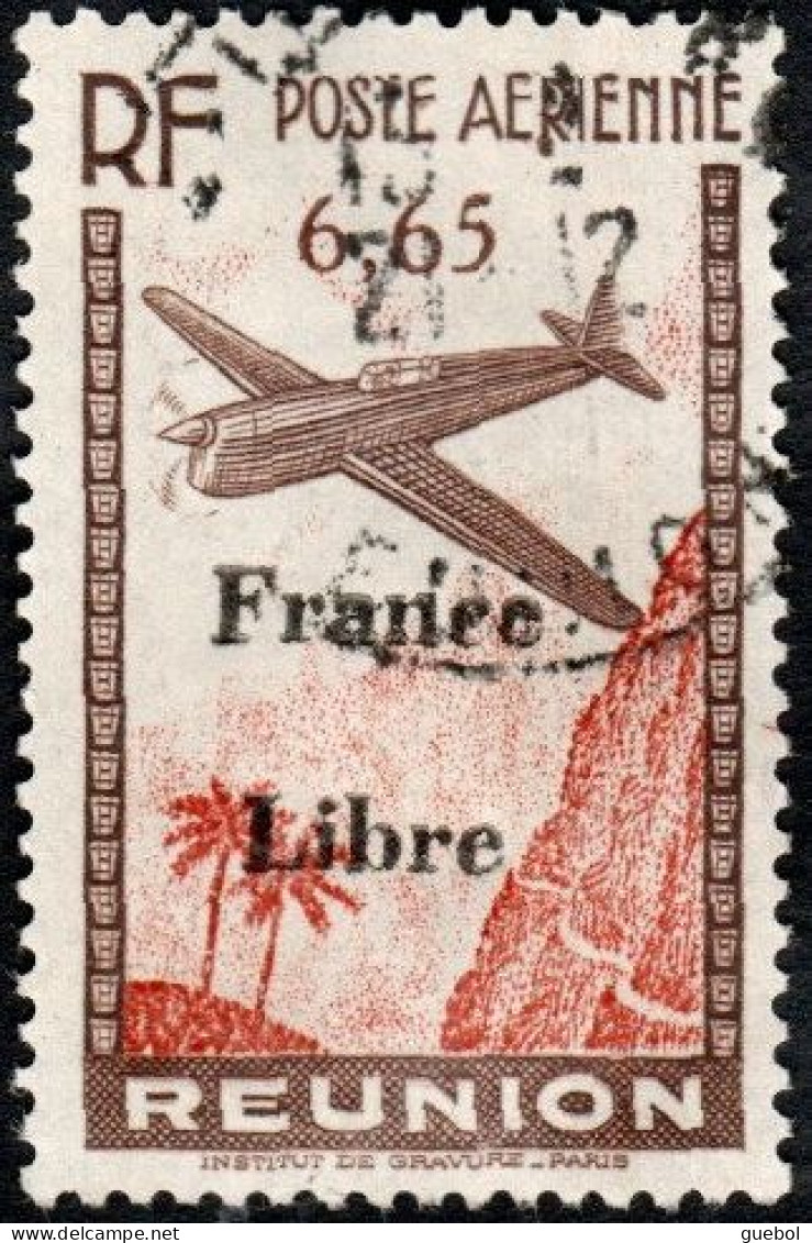 Réunion Obl. N° PA 25 - Avion Survolant L'île, Le 6f65 Surchargé France Libre - Luchtpost