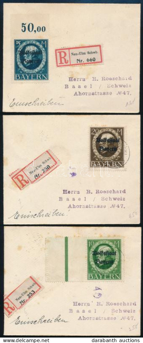 Bajorország 1920 Mi 131-133 3 Db Egyes Bérmentesítésű Ajánlott Levélen Svájcba / 3 Registered Covers To Switzerland - Otros & Sin Clasificación