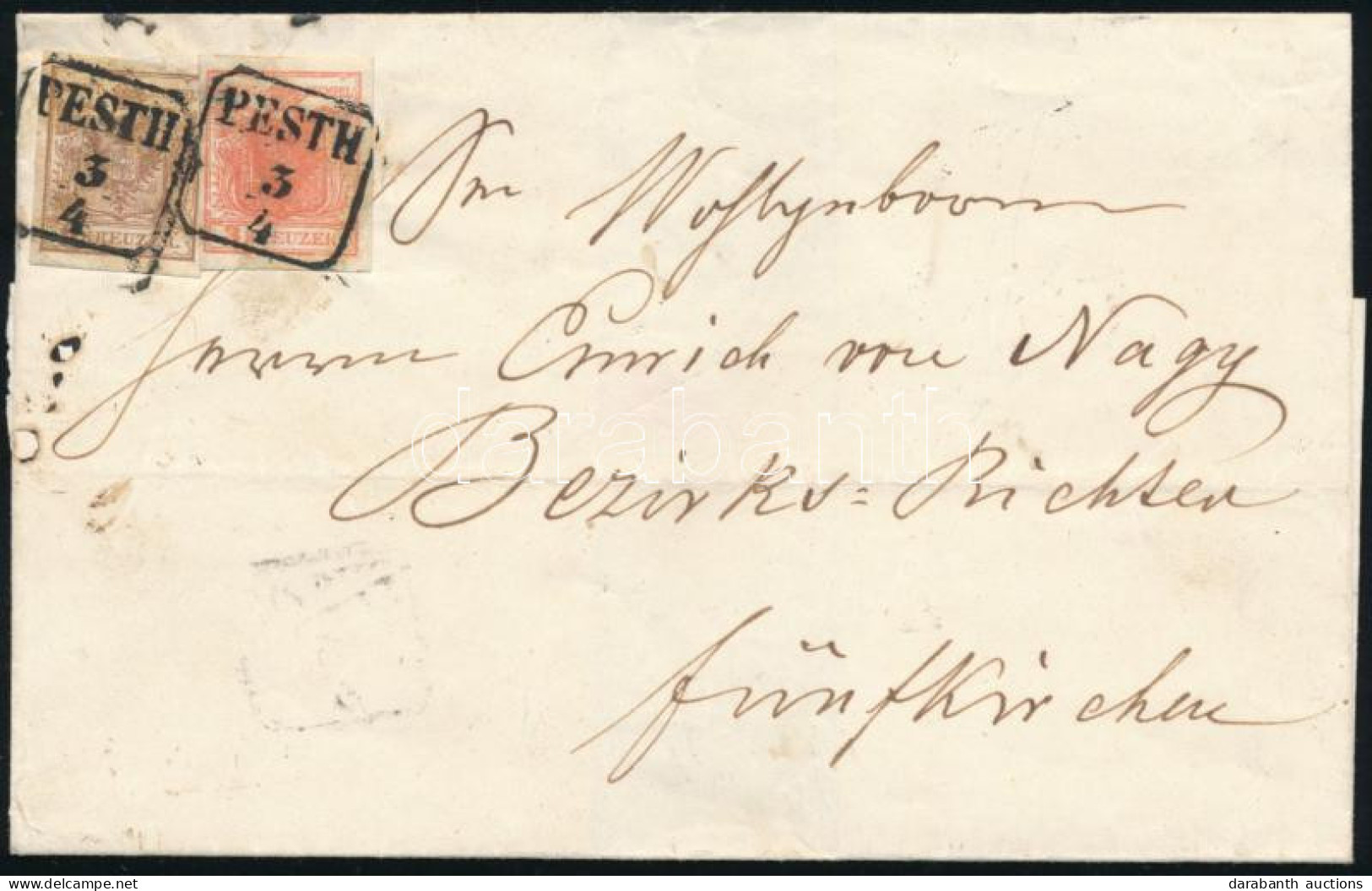 ~1855 3kr + 6kr Levélen / On Cover "PESTH" - Fünfkirchen - Sonstige & Ohne Zuordnung