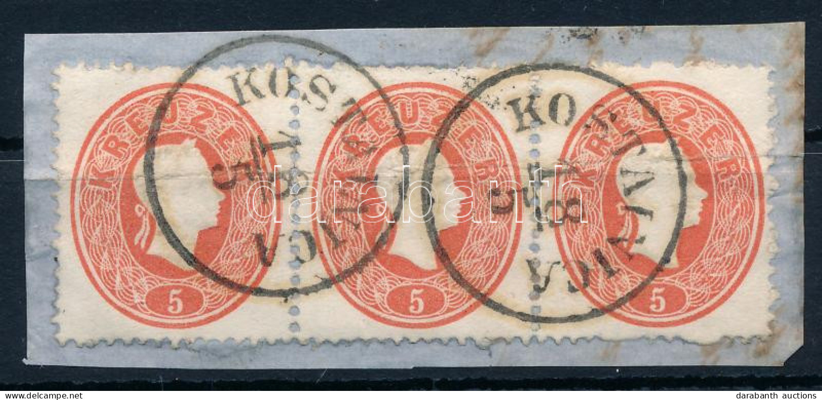 1861 5kr Hármascsík (vízszintes Hajtásnyom) "KOSTAINICA" / Stripe Of 3 (folded) - Otros & Sin Clasificación