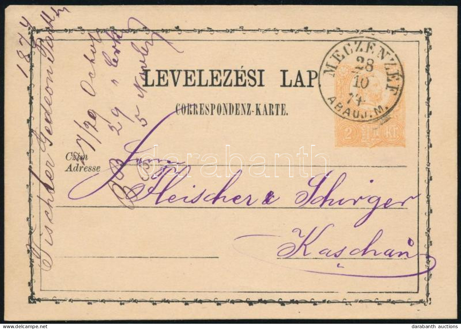 1874 2kr Díjjegyes Levelezőlap "MECZENZÉF / ABAÚJ. M." - Autres & Non Classés