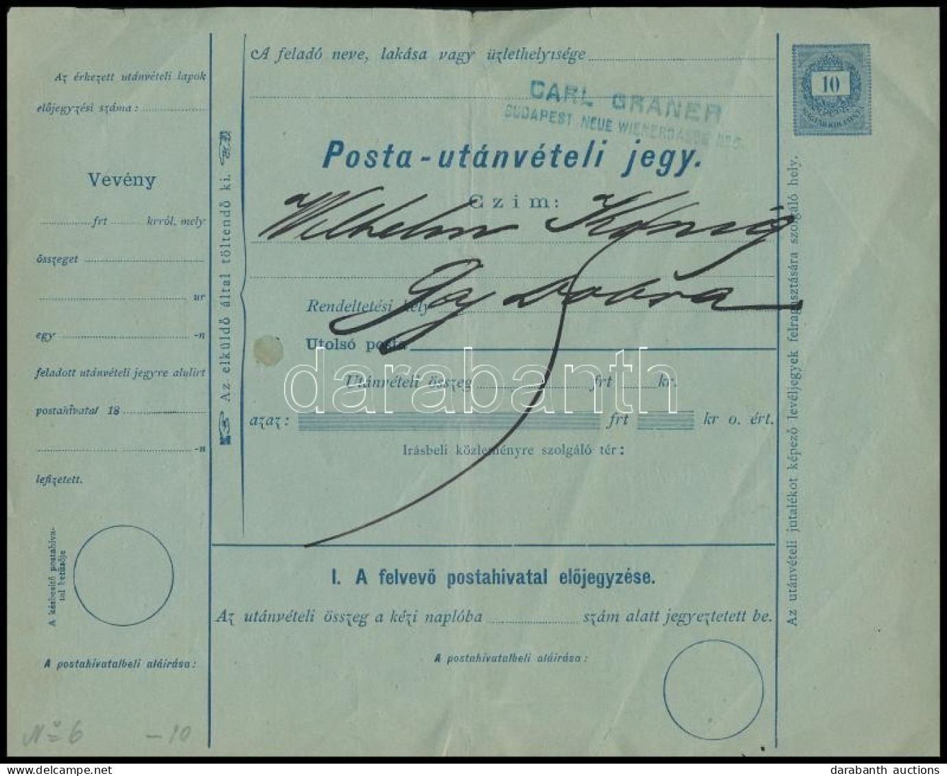 1888 10kr Postautánvételi Jegy, Megírt, De Elrontott, Ezért Nem Küldték El - Other & Unclassified